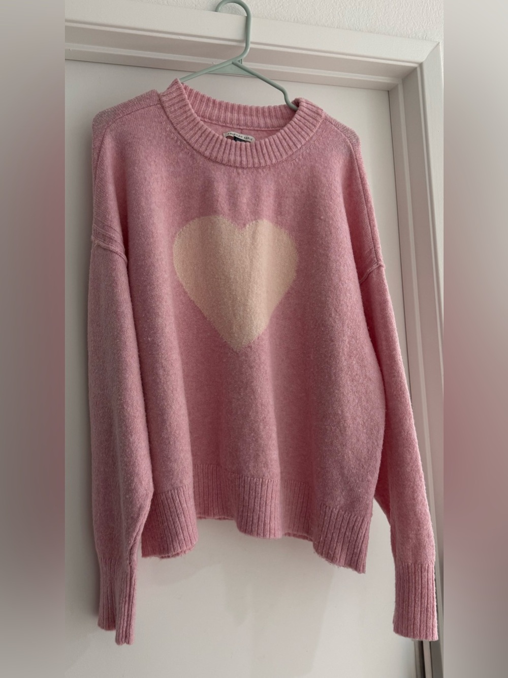 American Eagle Outfitters Pink Crewneck Sweater with Cream Heart